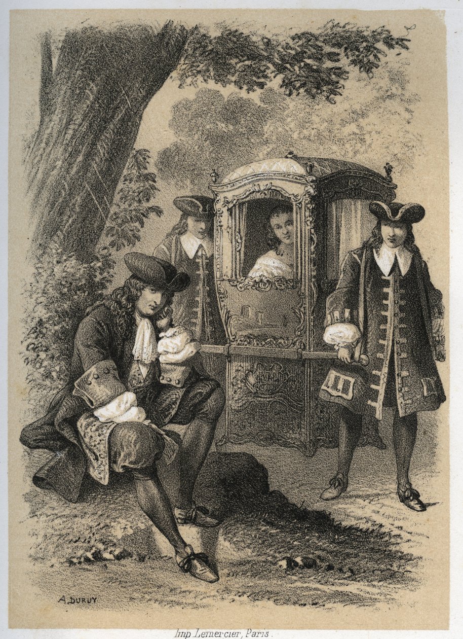 Marie Anne Mancini (1649-1714) Duchesse de Bouillon allant un matin à Versailles vit Jean de La Fontaine se levant sous un arbre ; le soir elle le retrouva au même endroit. Gravure par A. Duruy dans « Illustrations littéraires de la France ». - A. Duruy