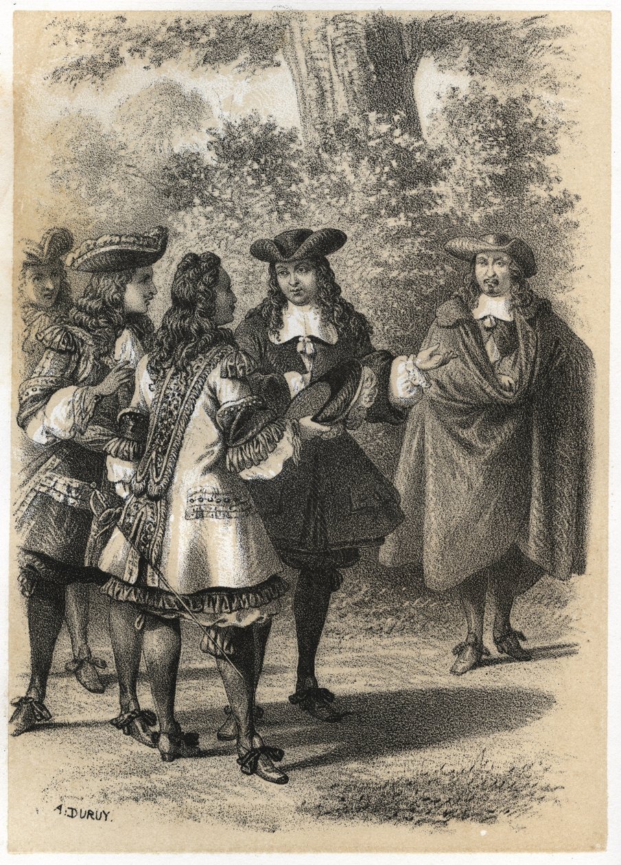 Rencontre à Paris entre Jean Racine (1639-1699) et Pierre Corneille (1606-1684). Gravure de A. Duruy dans « Illustrations littéraires de la France ; ou, Galerie anecdotique de nos principaux auteurs ints par leurs actions et leurs inscriptions » par J.B. - A. Duruy