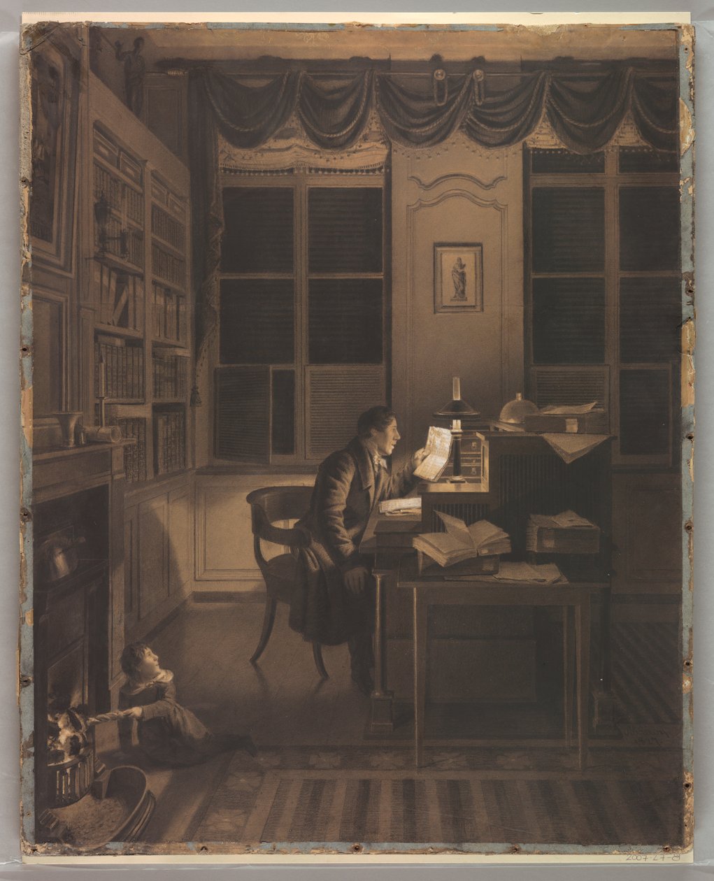 Dessin, intérieur avec un homme lisant à son bureau, 1827 - A. L. Leroy