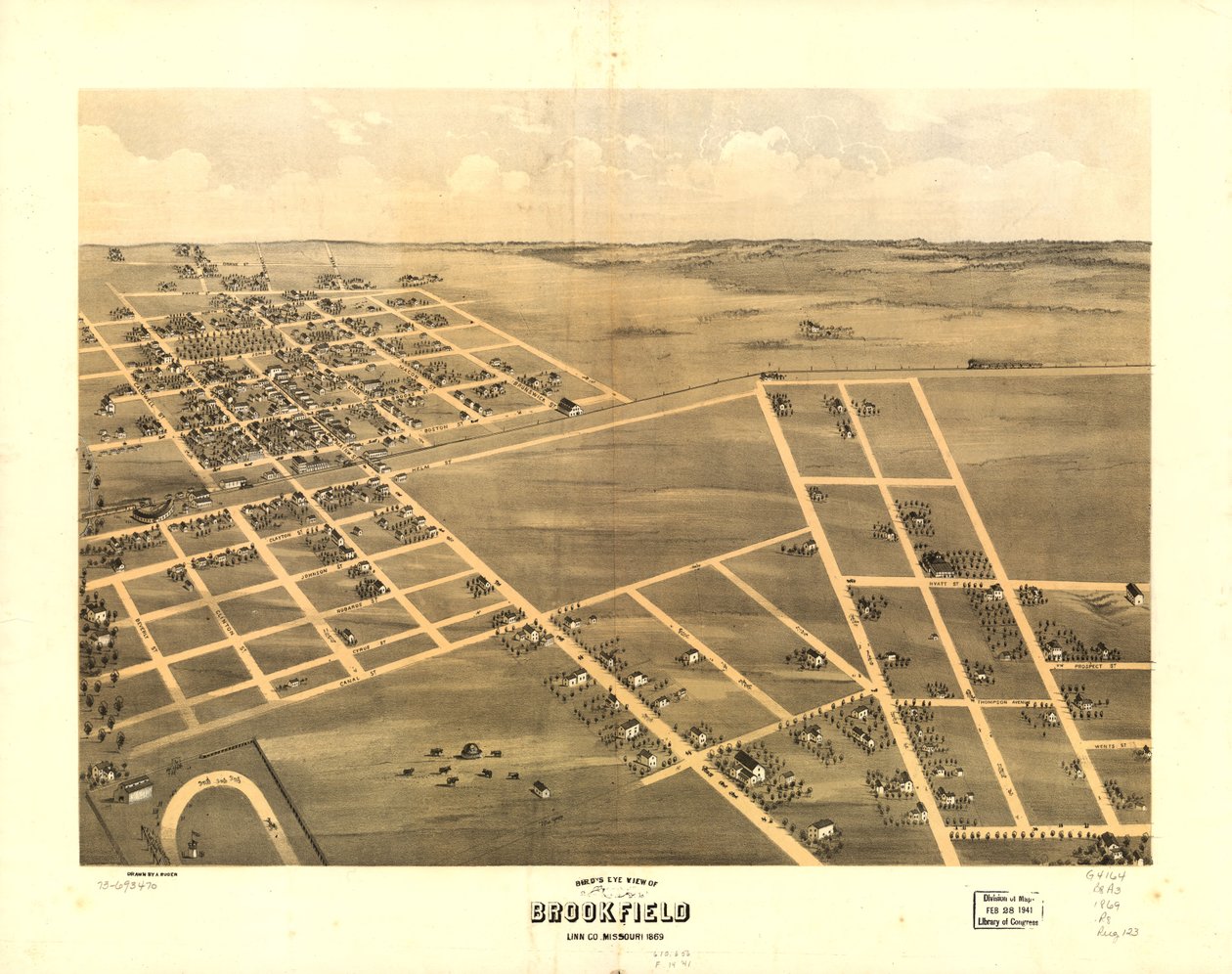 Vue aérienne de Brookfield, Linn Co., Missouri 1869. LOC 73693470 - A. Ruger