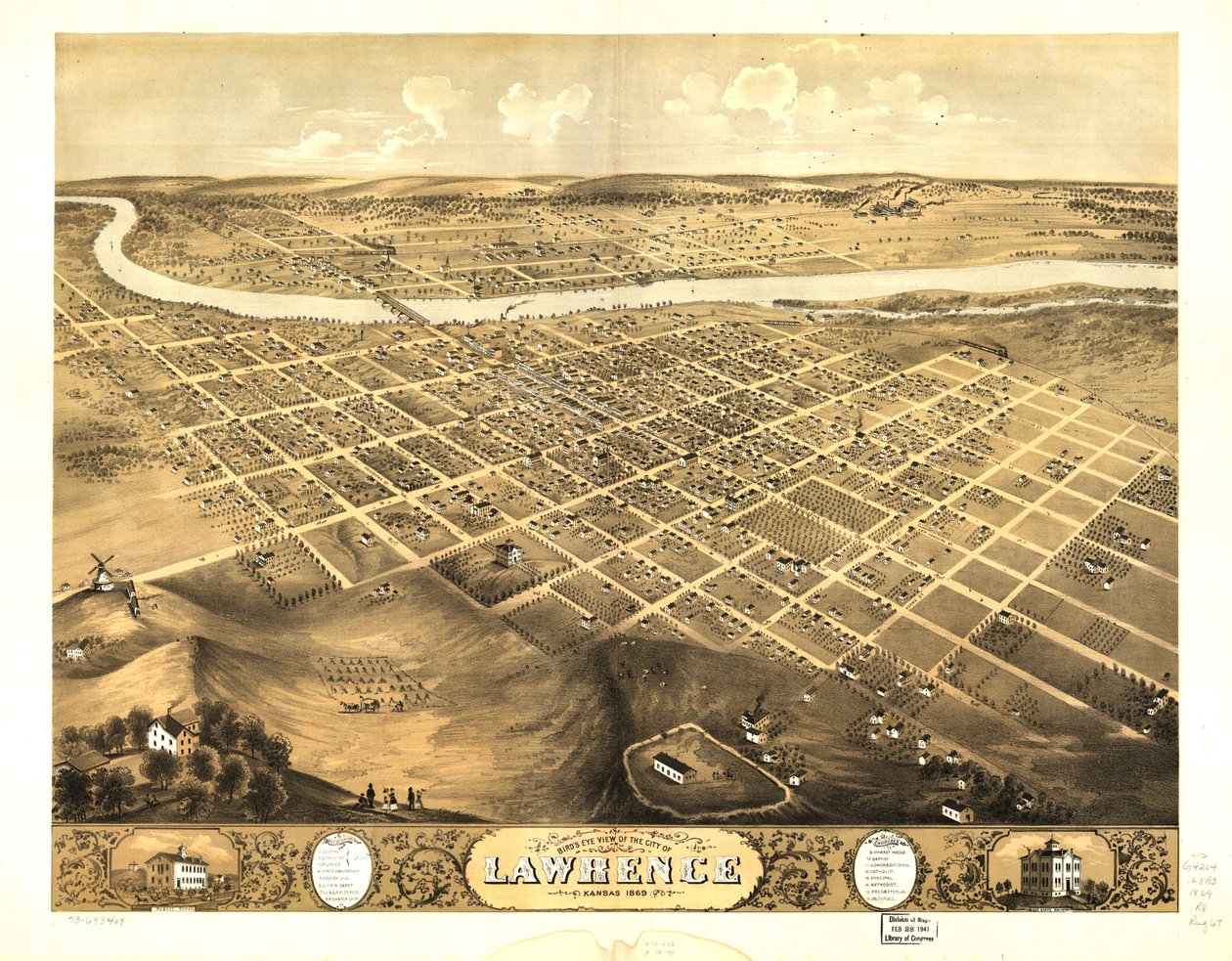 Vue aérienne de la ville de Lawrence, Kansas 1869. LOC 73693409 - A. Ruger