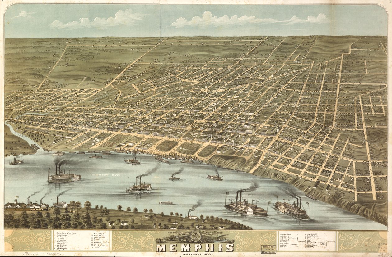 Vue aérienne de la ville de Memphis, Tennessee 1870. LOC 73694530 - A. Ruger