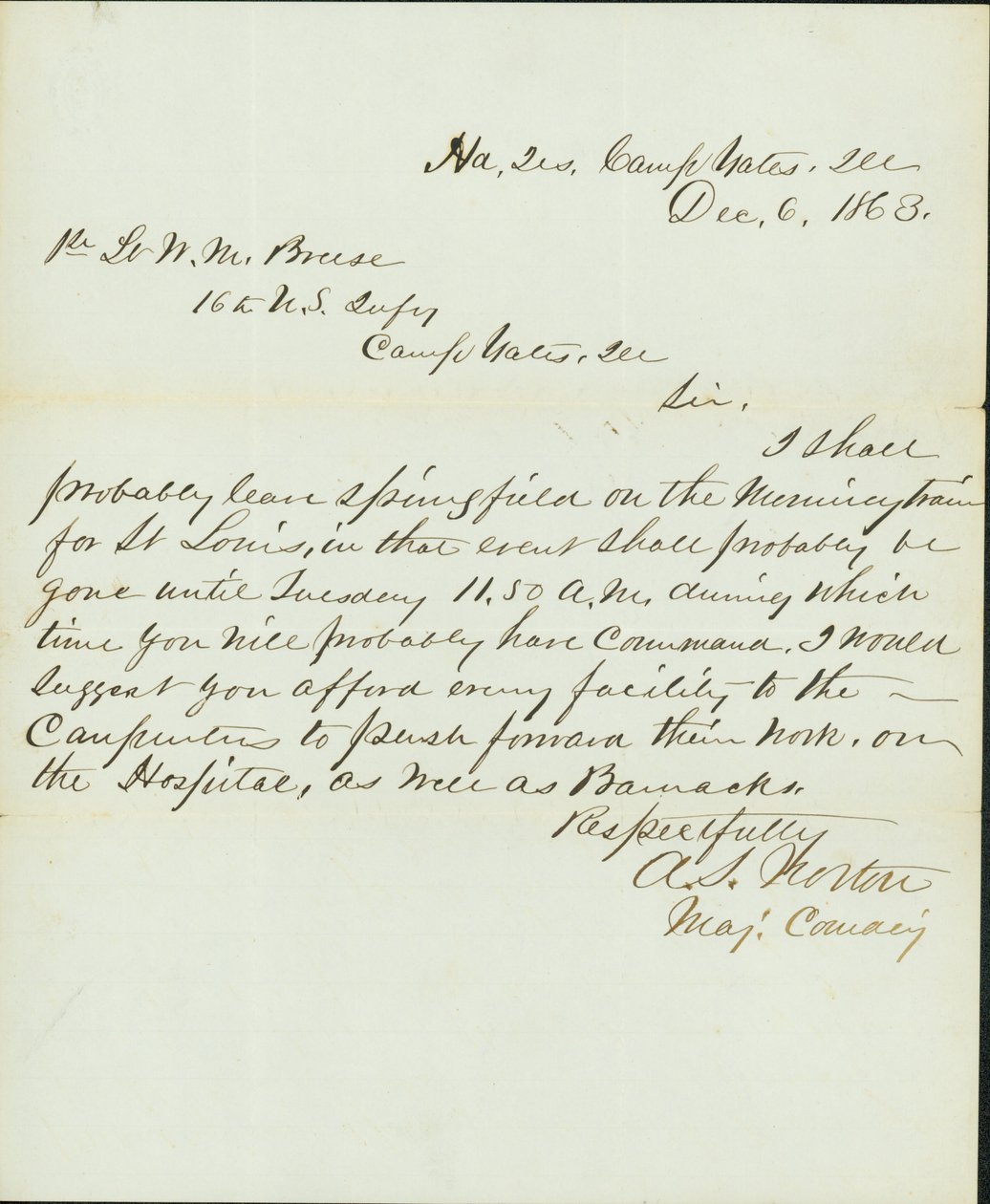 Lettre signée A.S. Norton, Major Commandant, Quartier Général, Camp Yates, Ill., au 1er Lieutenant W.M. Breese, 16e Infanterie U.S., Camp Gates, Ill., 6 décembre 1863 - A. S. Norton