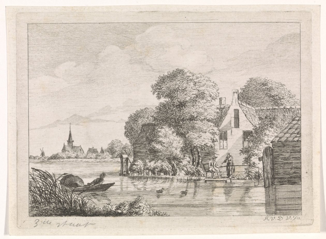 Pêcheur et une femme devant une maison - A. van de Velde