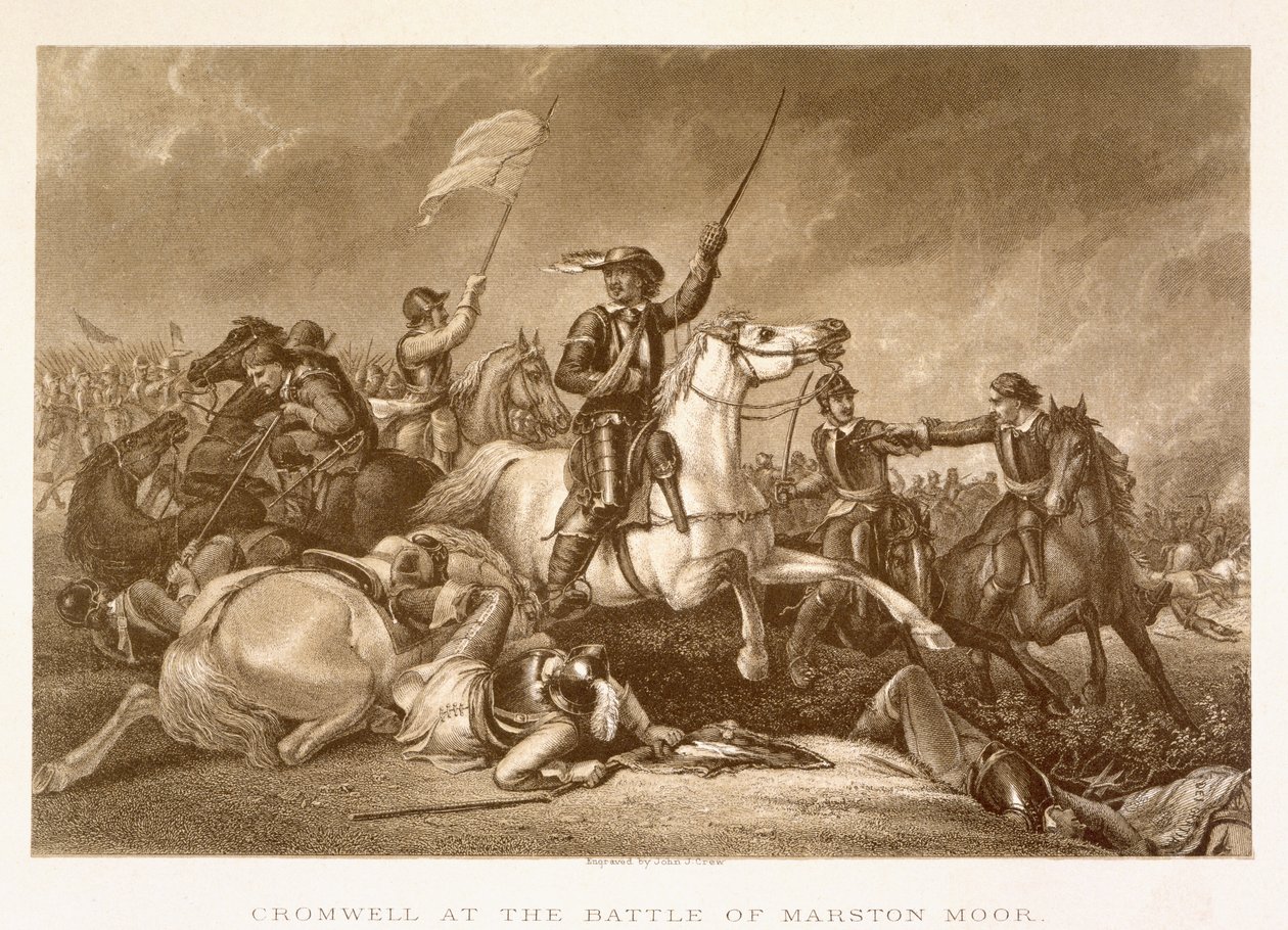 Cromwell menant la charge après avoir été blessé au bras droit à la bataille de Marston Moor, le 2 juillet 1644, gravé par John Crew - Abraham Cooper