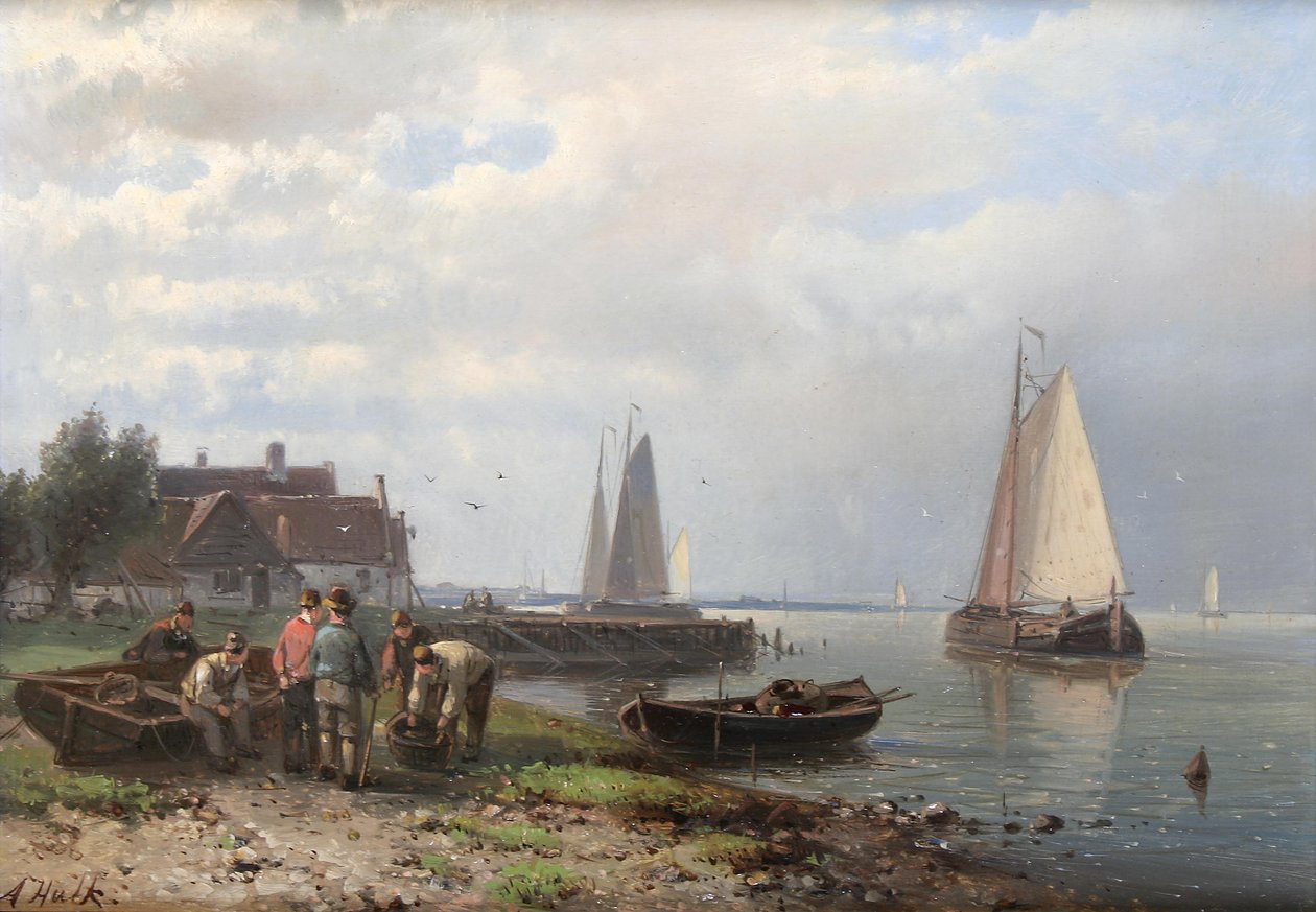 Scène côtière avec bateaux de pêche et pêcheurs sur le rivage - Abraham Hulk