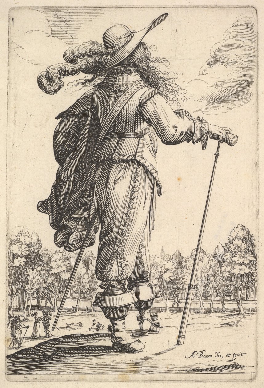 Un gentleman, vu de dos, marchant vers la droite avec une canne et portant un chapeau à plumes - Abraham Bosse