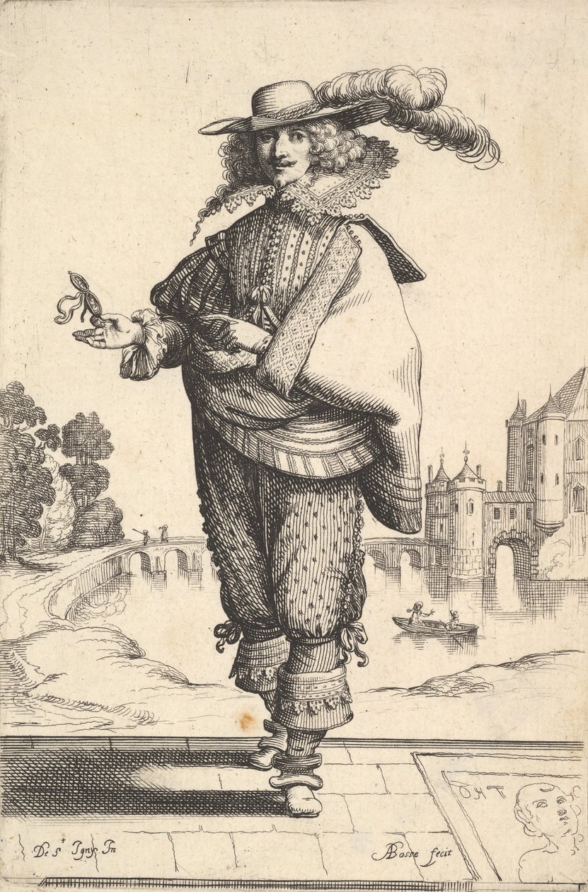 Un gentleman devant un grand château portant un chapeau à plumes et un col en dentelle, 1629 - Abraham Bosse