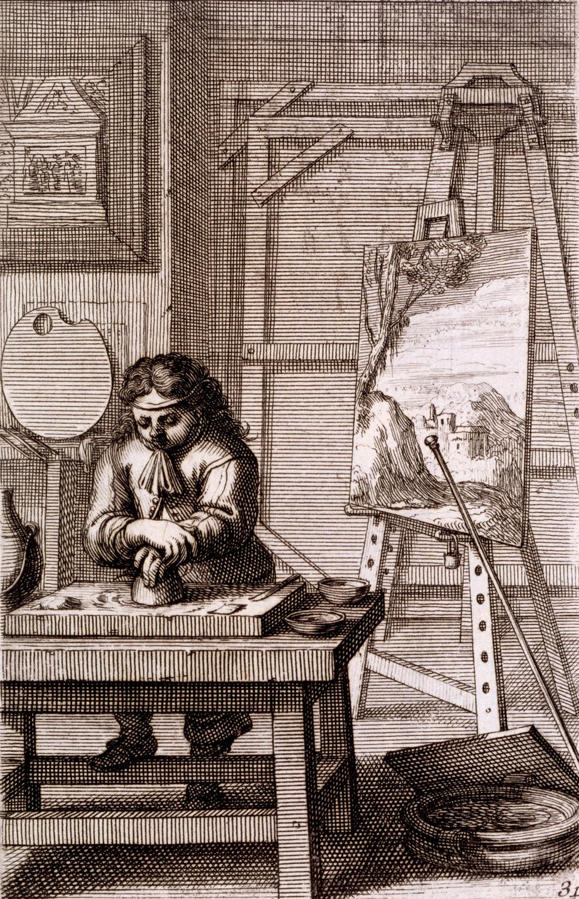 Un apprenti artiste nettoyant une plaque de gravure, de 