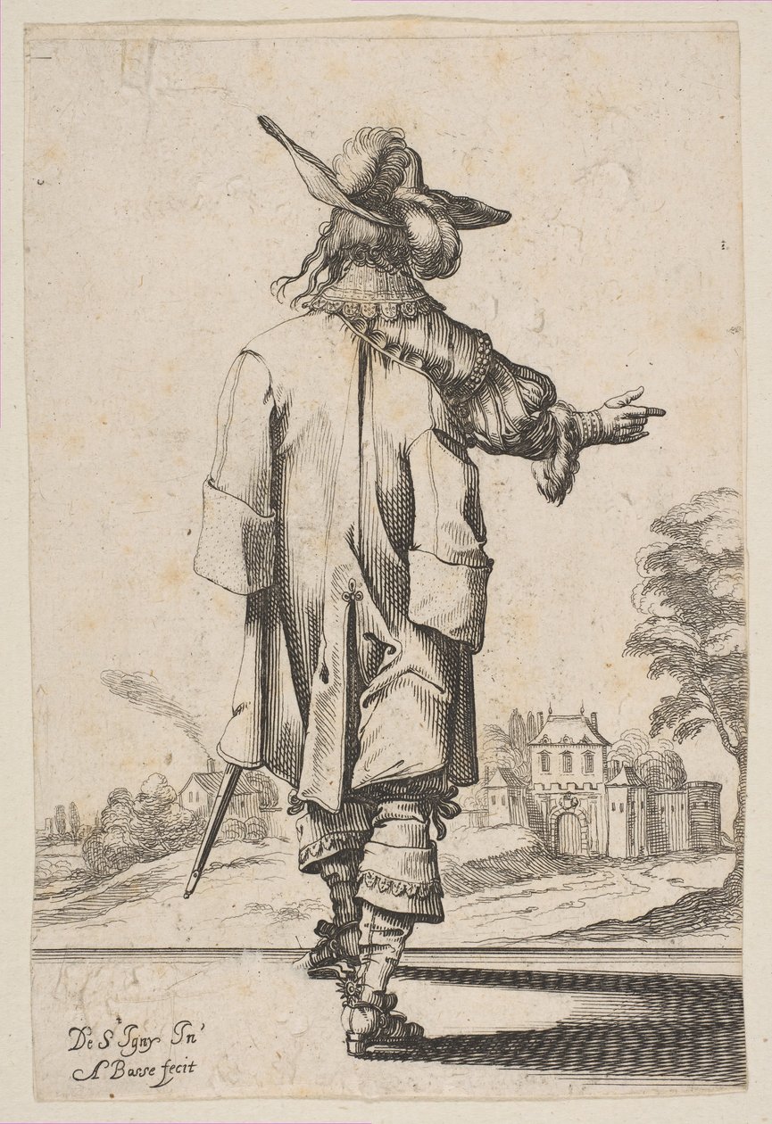 Gentilhomme vu de dos pointant vers un château, 1629 - Abraham Bosse