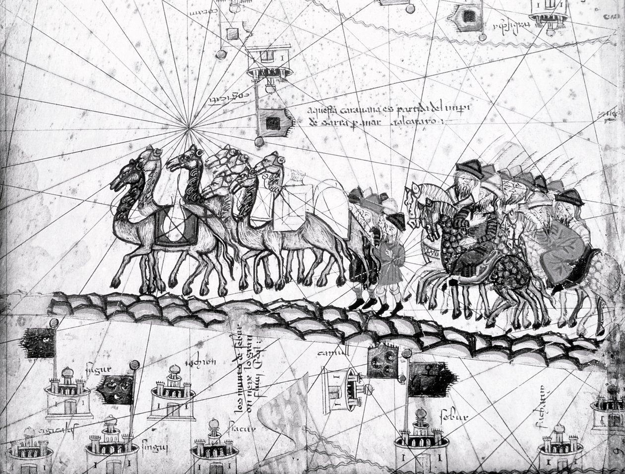 Ms Esp 20 panneau 4, Marchands voyageant vers Cathay, Chine, suivant les traces de Marco Polo, détail montrant la famille de Marco Polo voyageant en caravane de chameaux, de l