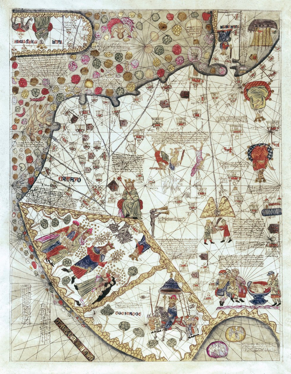 Carte de la Chine (Cathay), avec des descriptions de petites scènes, délimitation des royaumes avec leur souverain représenté à chaque fois - Abraham and Cresques Jehuda Cresques