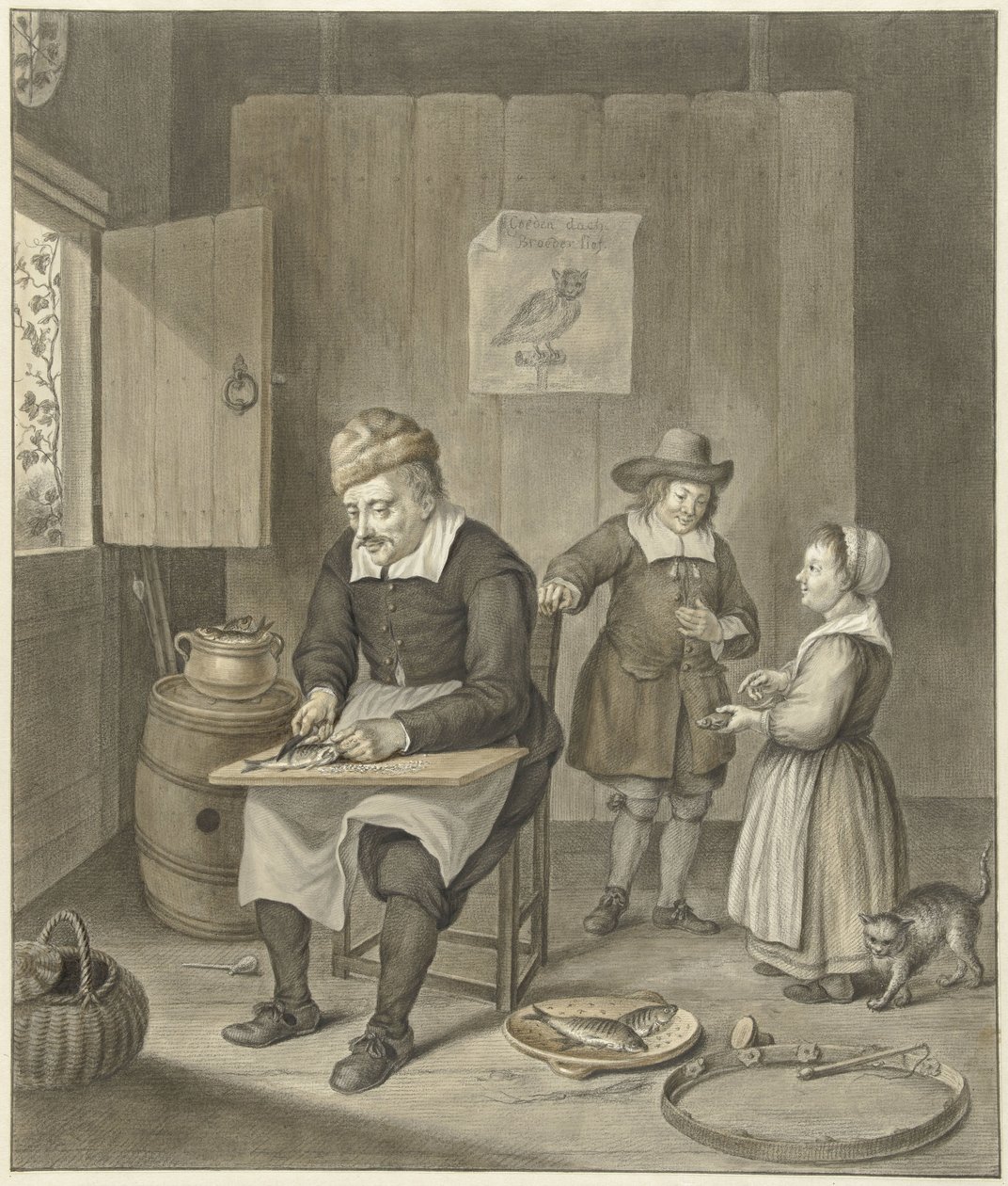Intérieur avec un homme nettoyant des poissons et deux enfants - Abraham Delfos