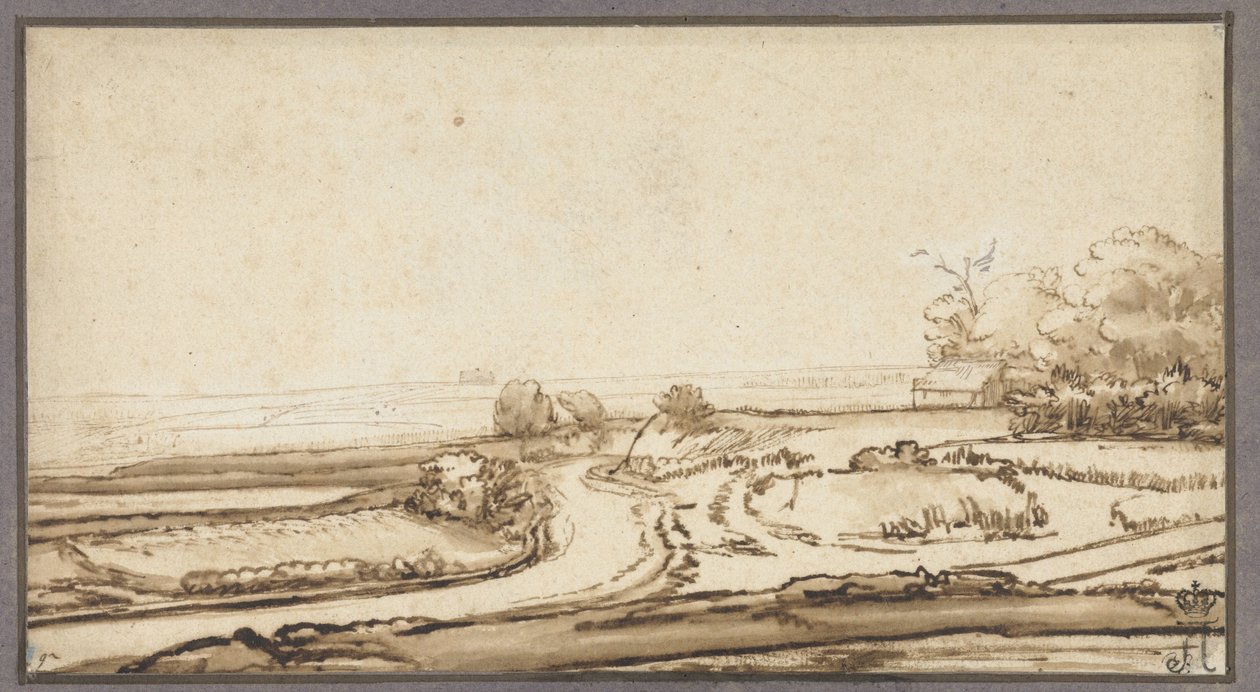 Paysage vallonné avec chemin et maison en lisière de forêt - Abraham Furnerius