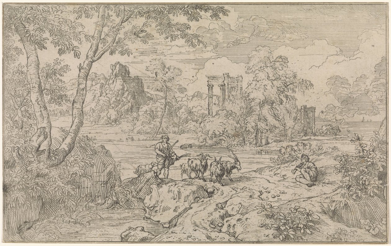 Paysage arcadien avec berger de chèvres - Abraham Genoels