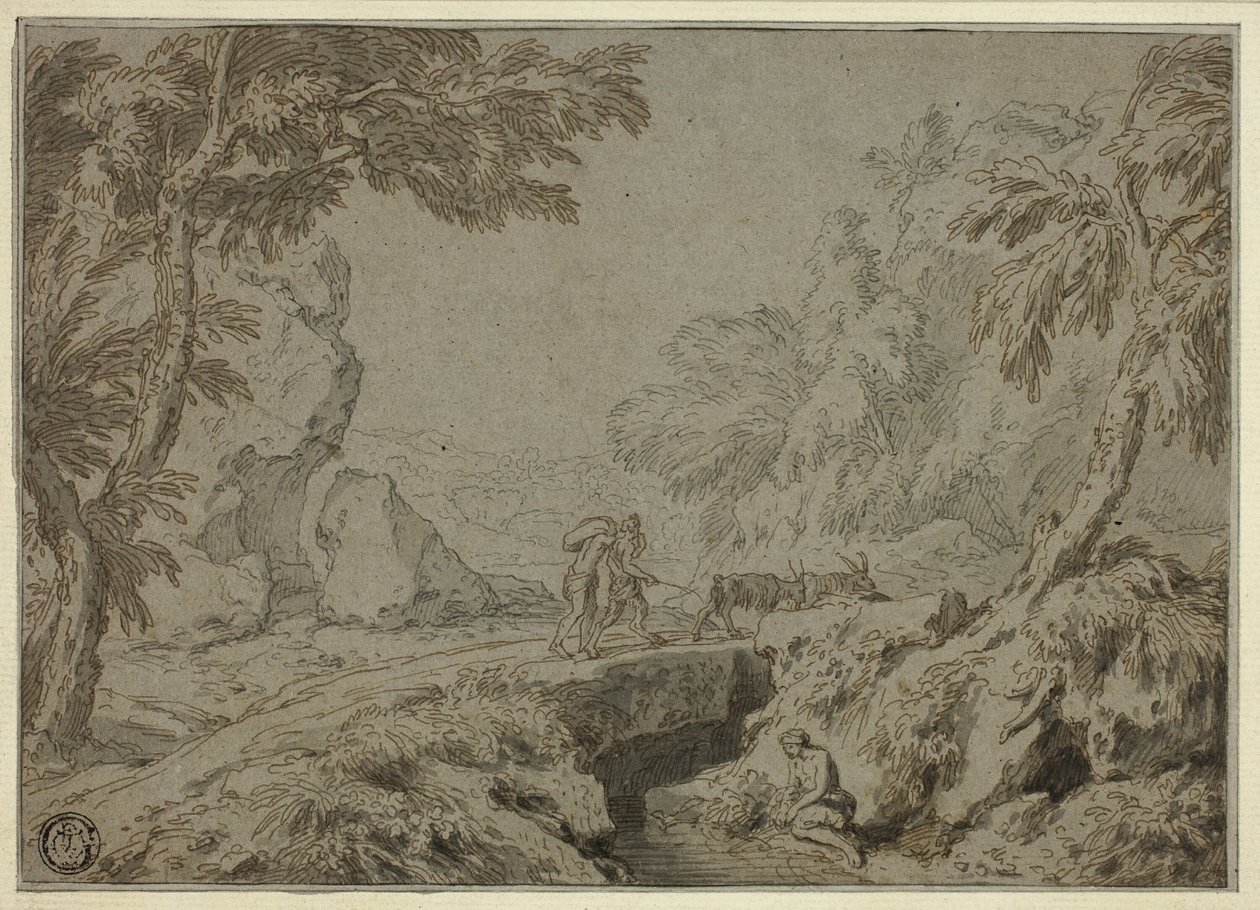 Paysage avec satyre, chèvres et autres figures - Abraham Genoels II