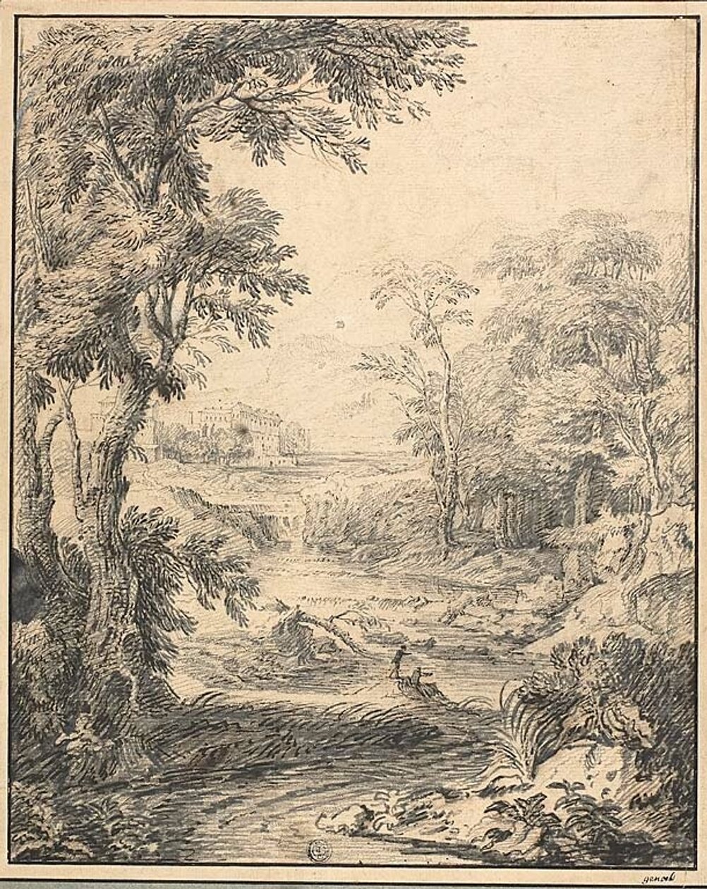 Paysage fluvial avec deux personnages au premier plan, château au loin - Abraham Genoels II