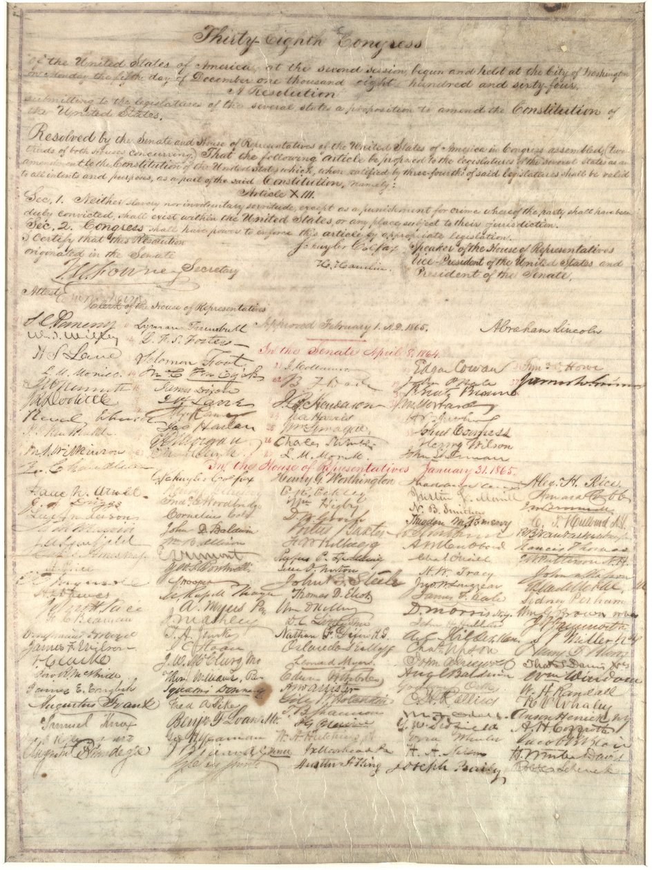 Copie du Congrès de la résolution relative au treizième amendement, 1er février 1865 (encre sur vélin) - Abraham Lincoln