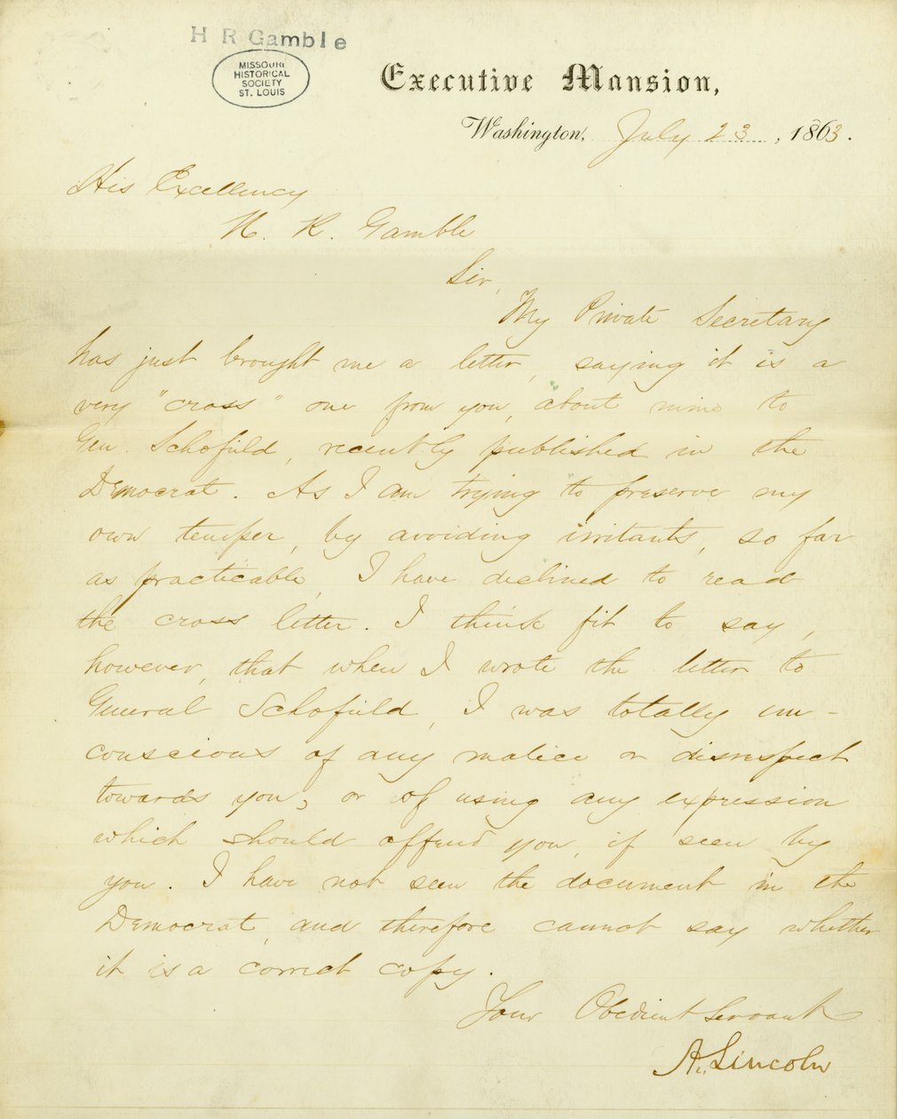 Lettre signée A. Lincoln, Executive Mansion, Washington, à Son Excellence, H.R. Gamble, 23 juillet 1863 - Abraham Lincoln