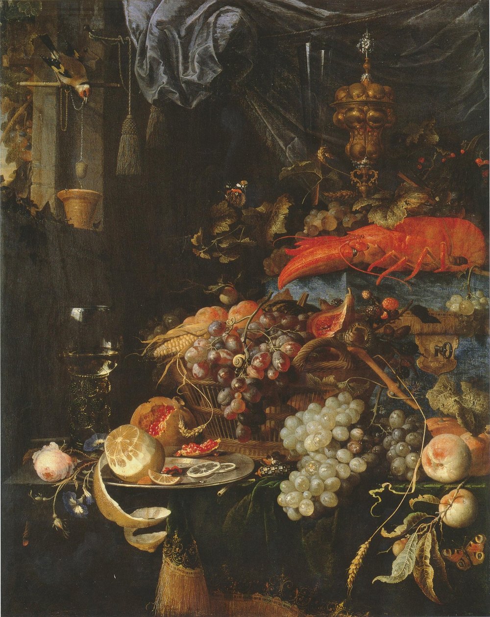 Nature morte avec des fruits, un homard et un chardonneret - Abraham Mignon