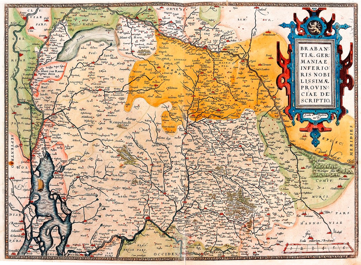 Brabantiae Germaniae Inferioris Nobilissimmae Provinciae Descriptio Carte géographique du territoire sud des Pays-Bas germaniques (Kempeland) tirée de « Theatrum Orbis Terrarum » par Abraham Ortelius (Oertel, Ortell ou Ortel) - Abraham Ortelius