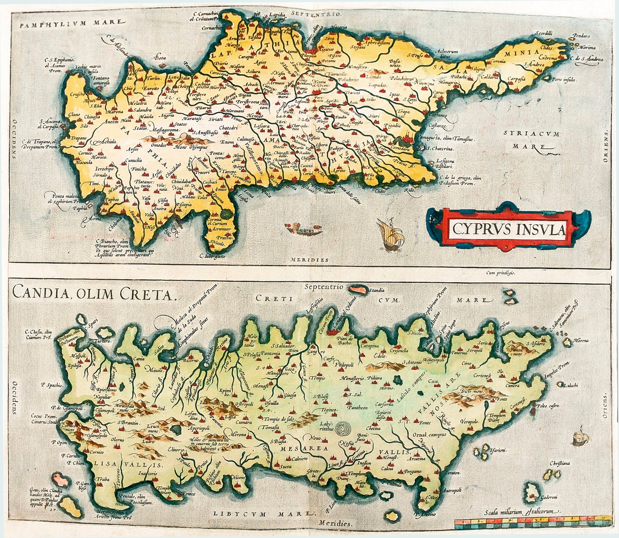 Cyprus Insula - Candia, olim Creta Carte géographique des îles méditerranéennes de Chypre et de Crète en Grèce du "Theatrum Orbis Terrarum" d