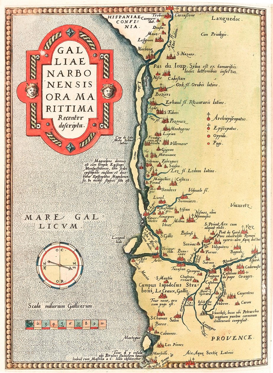Galliae Narbonensis ora Marittima Recenter descripta Carte géographique du territoire de Narbonne allant de la ville de Narbonne à Marseille via Béziers, Montpellier, Arles... tirée de « Theatrum Orbis Terrarum » par Abraham Ortelius (Oertel, Ortell ou Ort - Abraham Ortelius