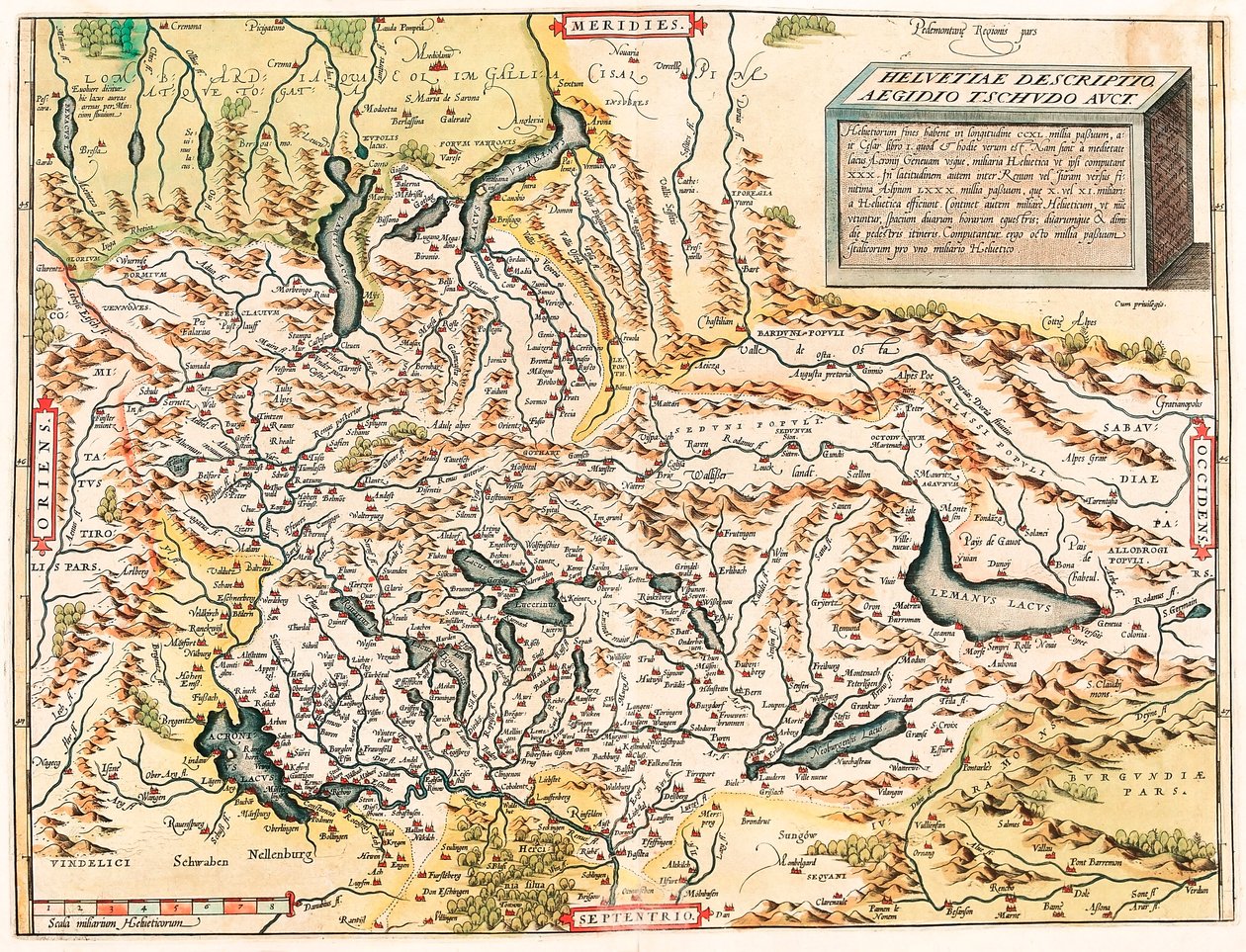 Helvetiae Descriptio Aegidio Tschudo Auct. Carte géographique des Alpes suisses et françaises incluant les lacs tirée de « Theatrum Orbis Terrarum » d