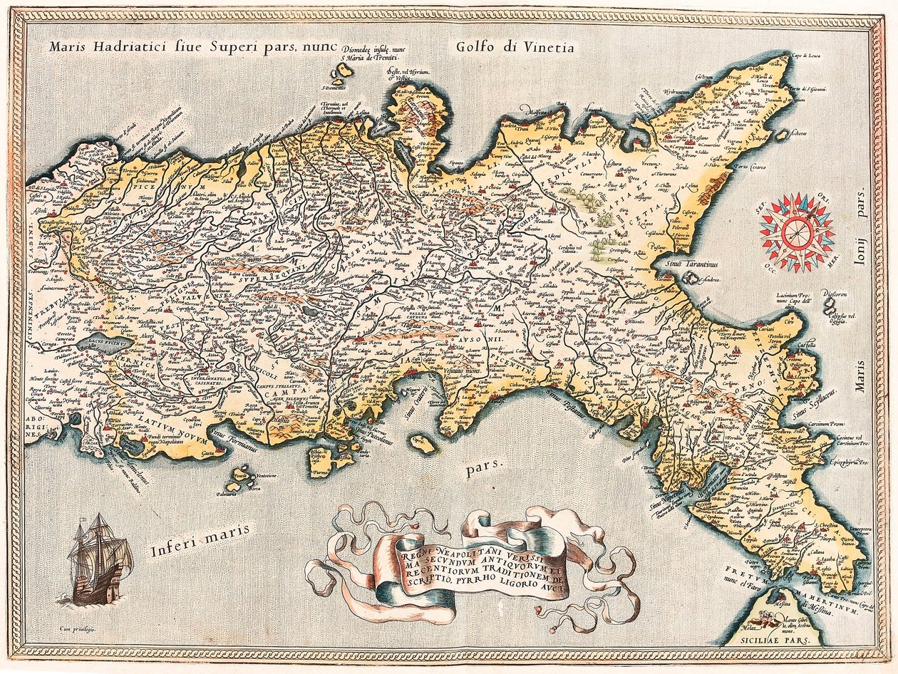 Regnii Neapolitani verissima secundum antiquorum et recentiorum traditionem descriptio, Pyrrho Ligorio auct. Carte géographique du territoire du Royaume de Naples en Italie tirée du « Theatrum Orbis Terrarum » par Abraham Ortelius - Abraham Ortelius