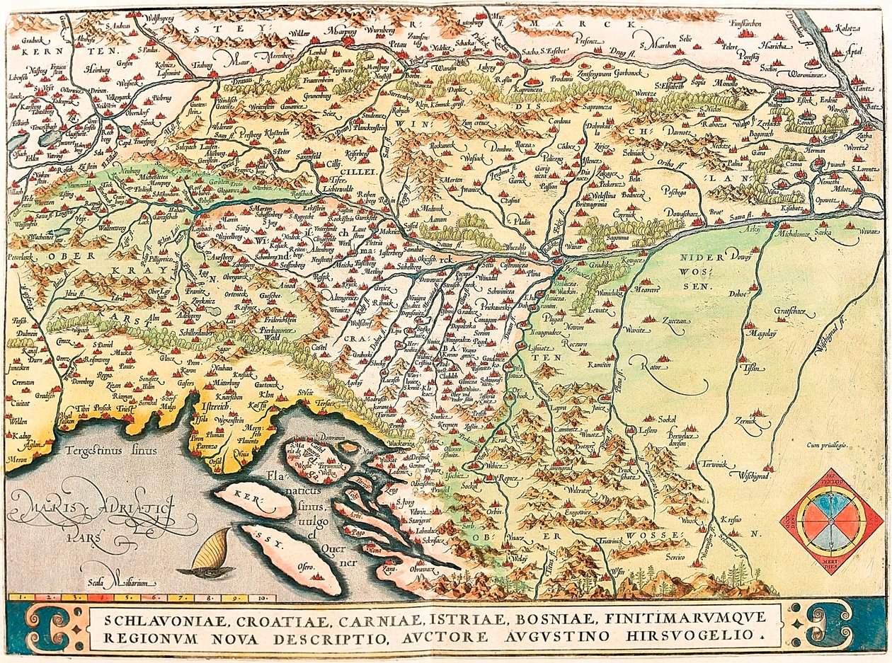 Schlavoniae, Croatiae, Carniae, Istriae, Bosniae, Finitimarumque Regionum Nova Descriptio, Auctore Augustino Hirsuogelio Carte géographique des territoires de Slavonie, Croatie, Bosnie et Dalmatie tirée de « Theatrum Orbis Terrarum » par Abraham Ortelius - Abraham Ortelius