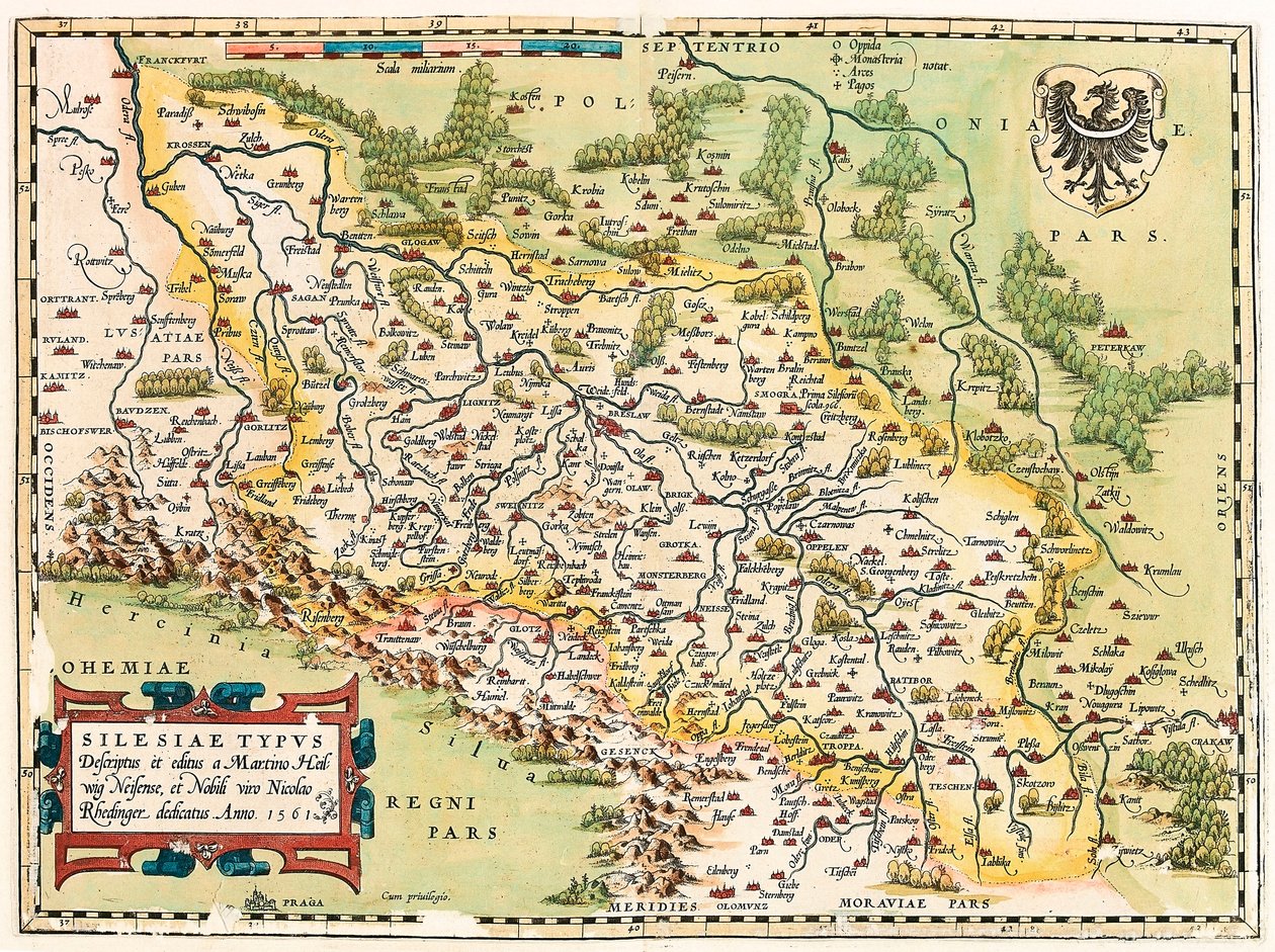 Silesia Typus Descriptio et Descriptus et editus Martino Heilwid Neilsense, et Nobili viro Nicolao Rhedinger dedicatus Anno 1561 Carte géographique du territoire au sud de Francfort en Allemagne près de la Pologne tirée de « Theatrum Orbis Terrarum » par A - Abraham Ortelius