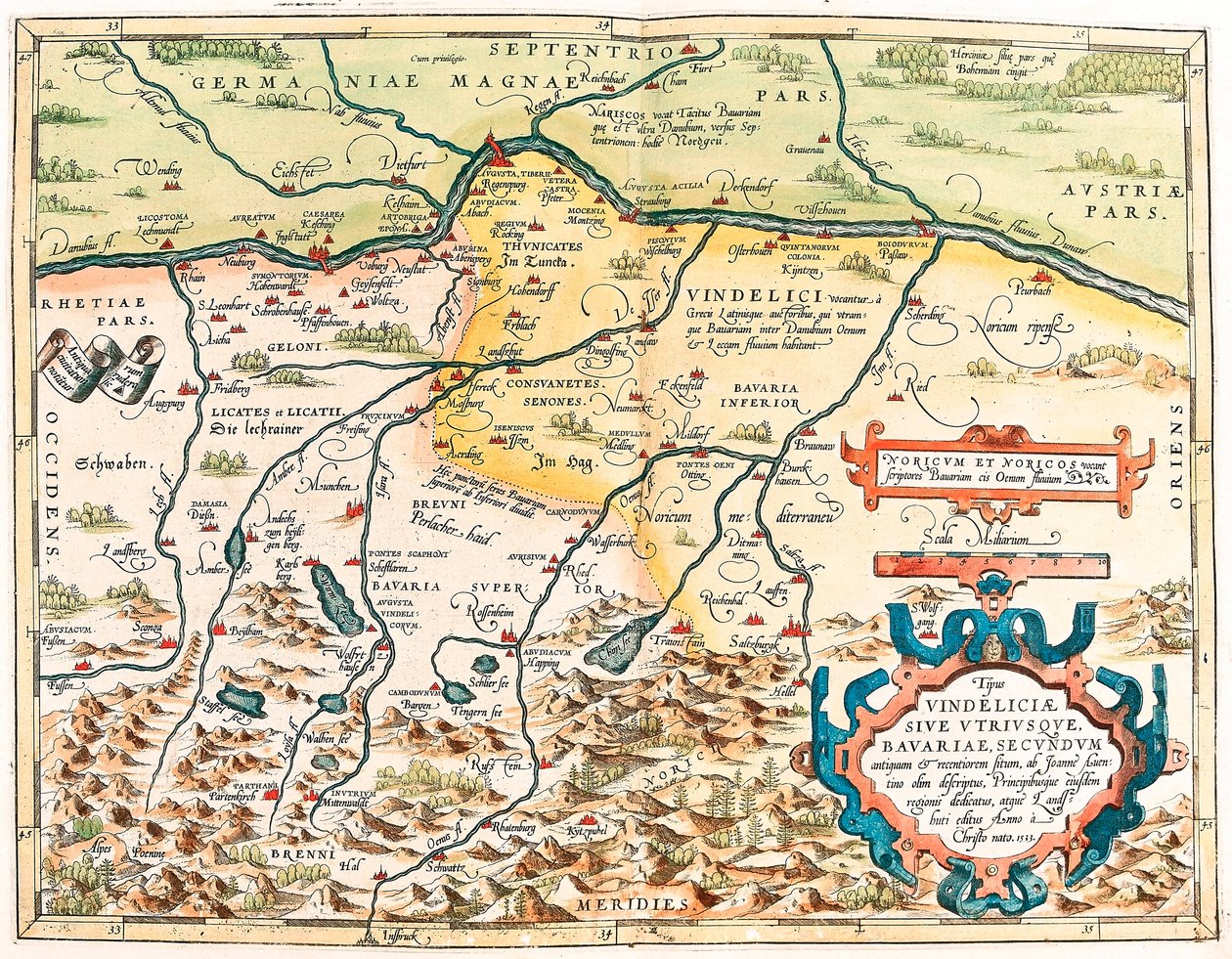 Typus Vindeliciae Ssive Utriusque Bavariae: Secundum antiquam & recentiorum situm, ab Joanne Aventino olim descriptus... Carte géographique du territoire de Bavière en Allemagne tirée de « Theatrum Orbis Terrarum » par Abraham Ortelius - Abraham Ortelius