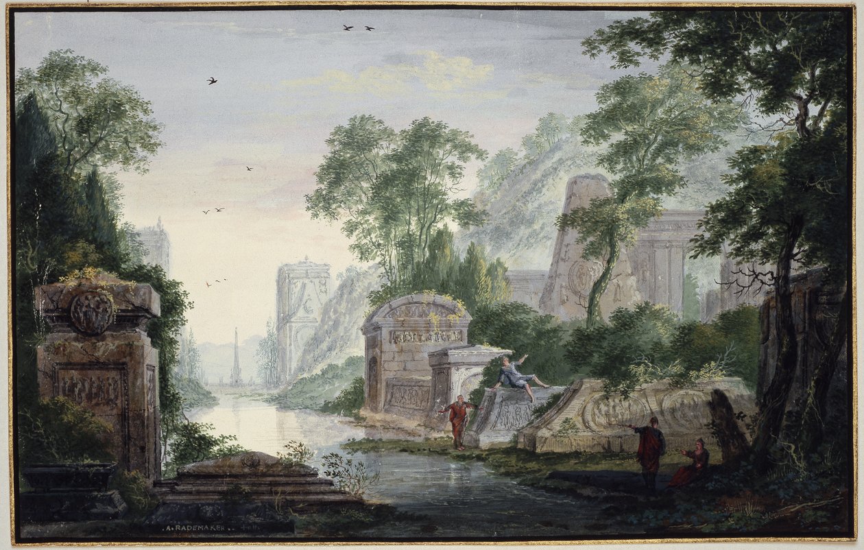 Anciennes ruines funéraires dans un paysage fluvial - Abraham Rademaker