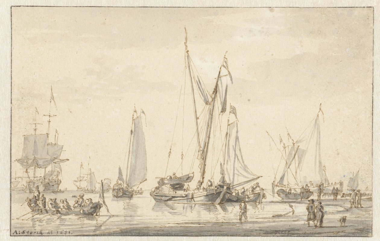 Vue de plage avec navires amarrés - Abraham Storck