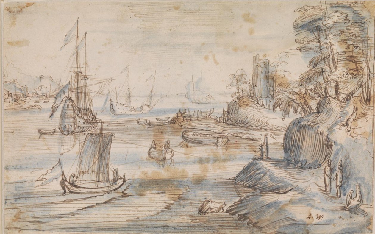 Paysage côtier avec plusieurs navires, une haute côte avec plusieurs figures - Abraham Willaerts