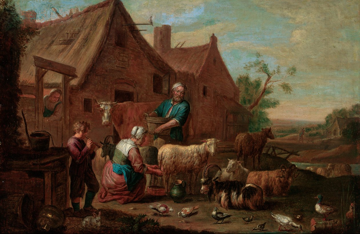 Famille de paysans avec du bétail, des moutons et des chèvres dans une cour de ferme - Abraham Willemsens