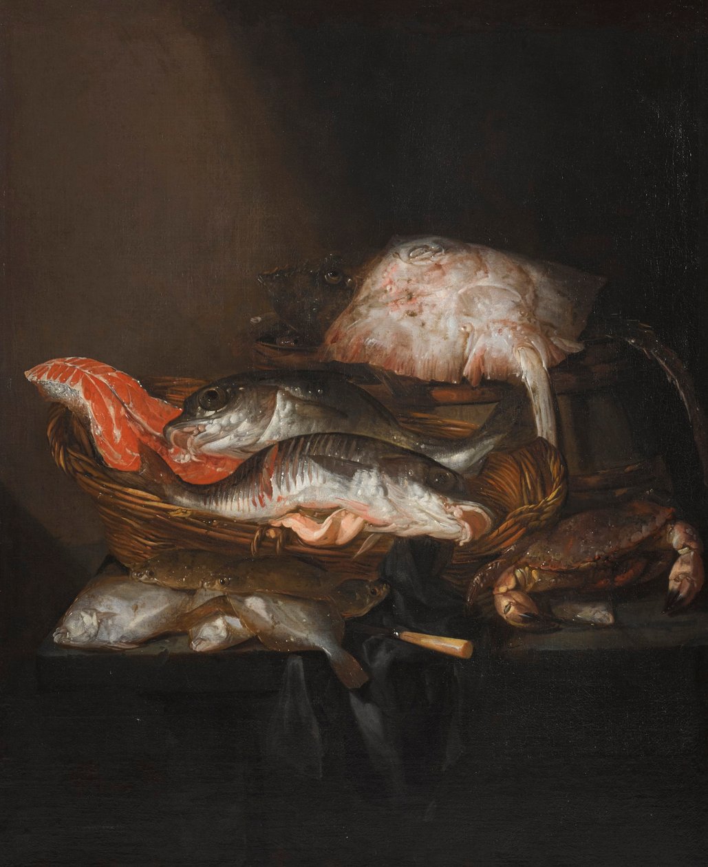 Néerlandais : Visstilleven Nature morte avec une raie sur un tonneau, un steak de saumon, un sandre et un lieu noir dans un panier, avec des plies, un couteau et un crabe sur une table drapée - Abraham van Beijeren