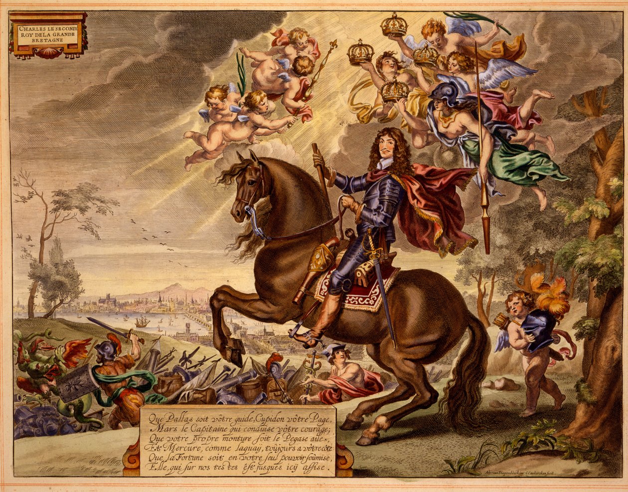 Charles II avec une dédicace en français, avec le vieux pont de Londres en arrière-plan, extrait de The Method and New Invention of Dressing Horses par William Cavendish, publié en 1737 (2e éd.) - Abraham van Diepenbeeck