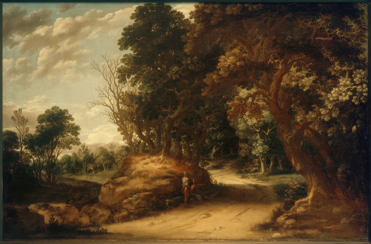 Paysage boisé avec randonneurs au repos - Abraham van den Rande