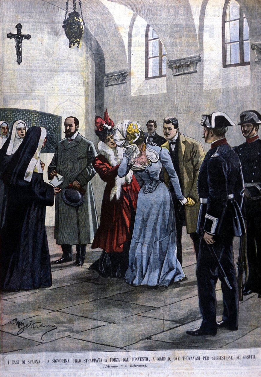 À Madrid, une jeune femme, Mademoiselle Ubao, est arrachée à la vie de religieuse dans un couvent où elle se trouvait par suggestion des Jésuites. Illustration de Beltrame. La Domenica del corriere. 1901 - Achille Beltrame