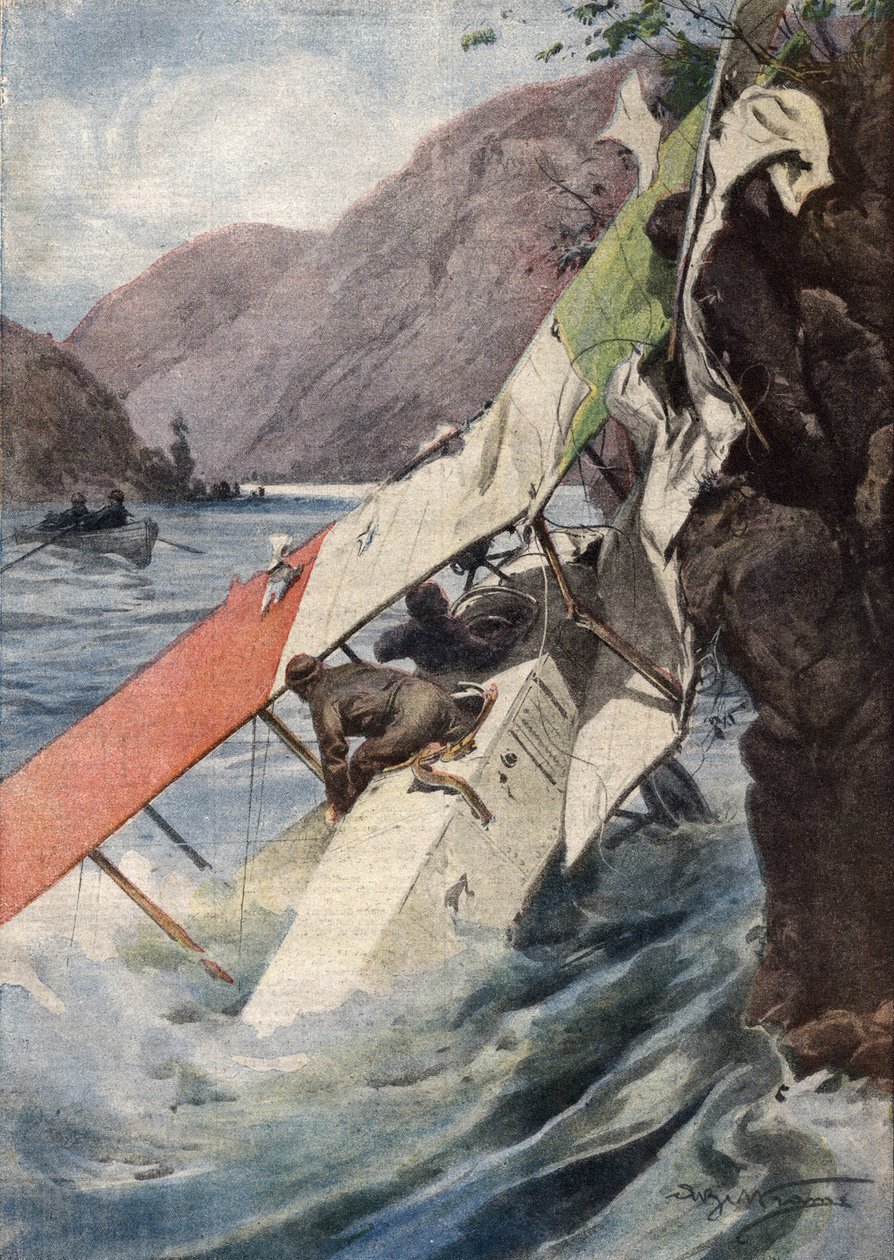 Un vol de reconnaissance dramatique : après un combat, sans moteur ni hélice, deux aviateurs ont réussi à atteindre les lignes italiennes et sont tombés dans la rivière Isonzo. Ill. de Beltrame. La Domenica del Corriere. 10/1917 - Achille Beltrame
