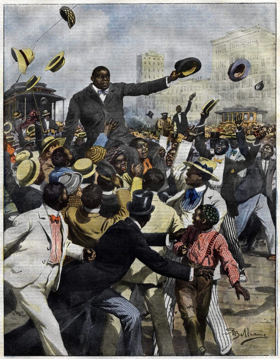 Le boxeur Jack Johnson arrivé à Chicago en 1910. Illustration par Achille Beltrame pour La Domenica del Corriere. - Achille Beltrame