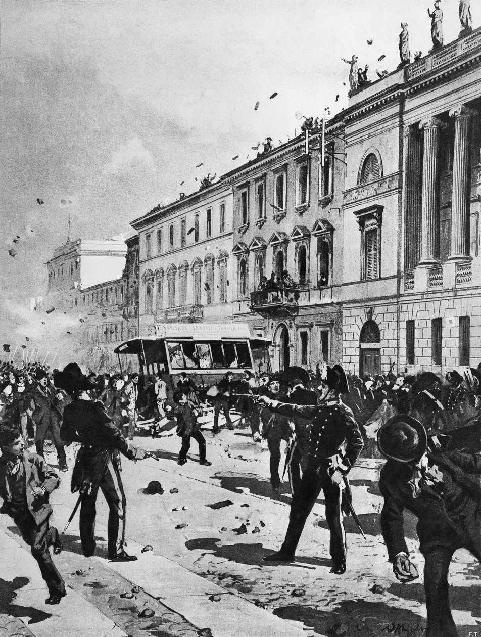Affrontement entre manifestants et police à Milan, Corso Venezia, devant le Palazzo Saporiti, 7 mai - Achille Beltrame