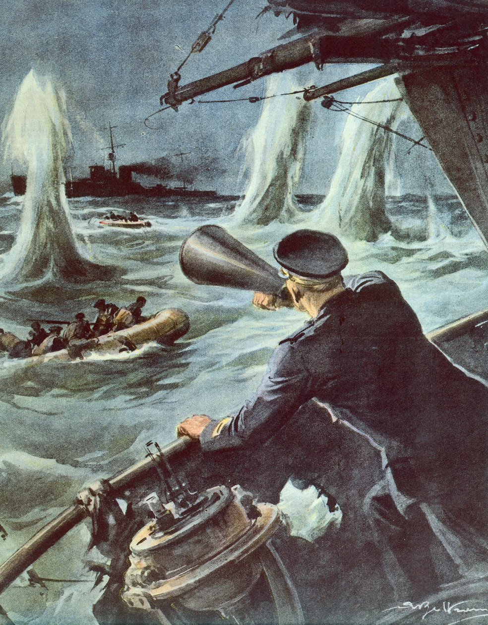 Affrontement entre un petit torpilleur et un croiseur britannique dans le canal de Sicile, 20 octobre - Achille Beltrame