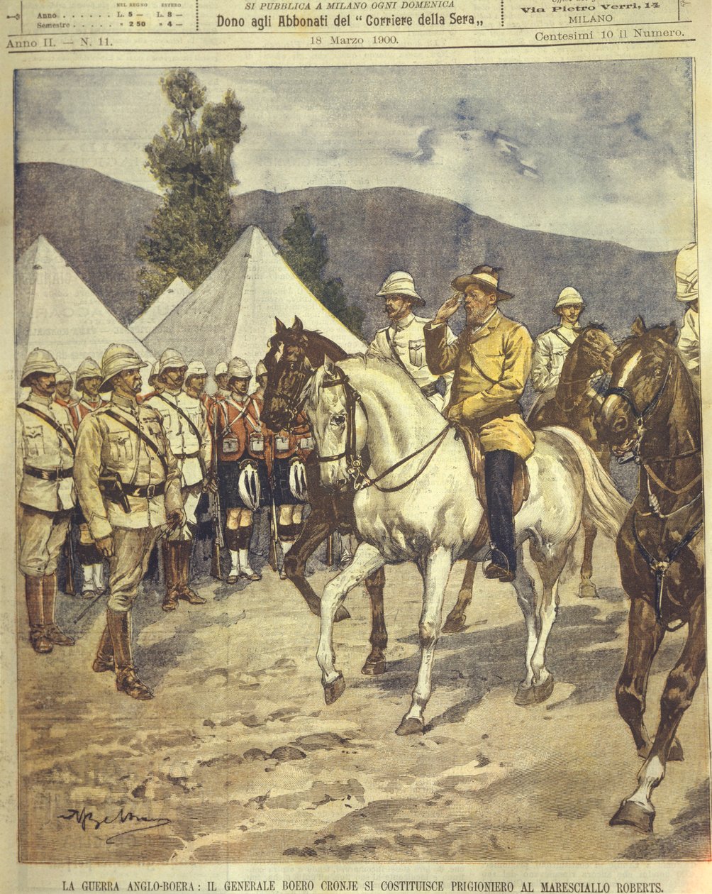 Illustration de couverture de la reddition du général Cronje au maréchal Roberts pendant les guerres anglo-zouloue et anglo-boer de 1850-1902 - Achille Beltrame