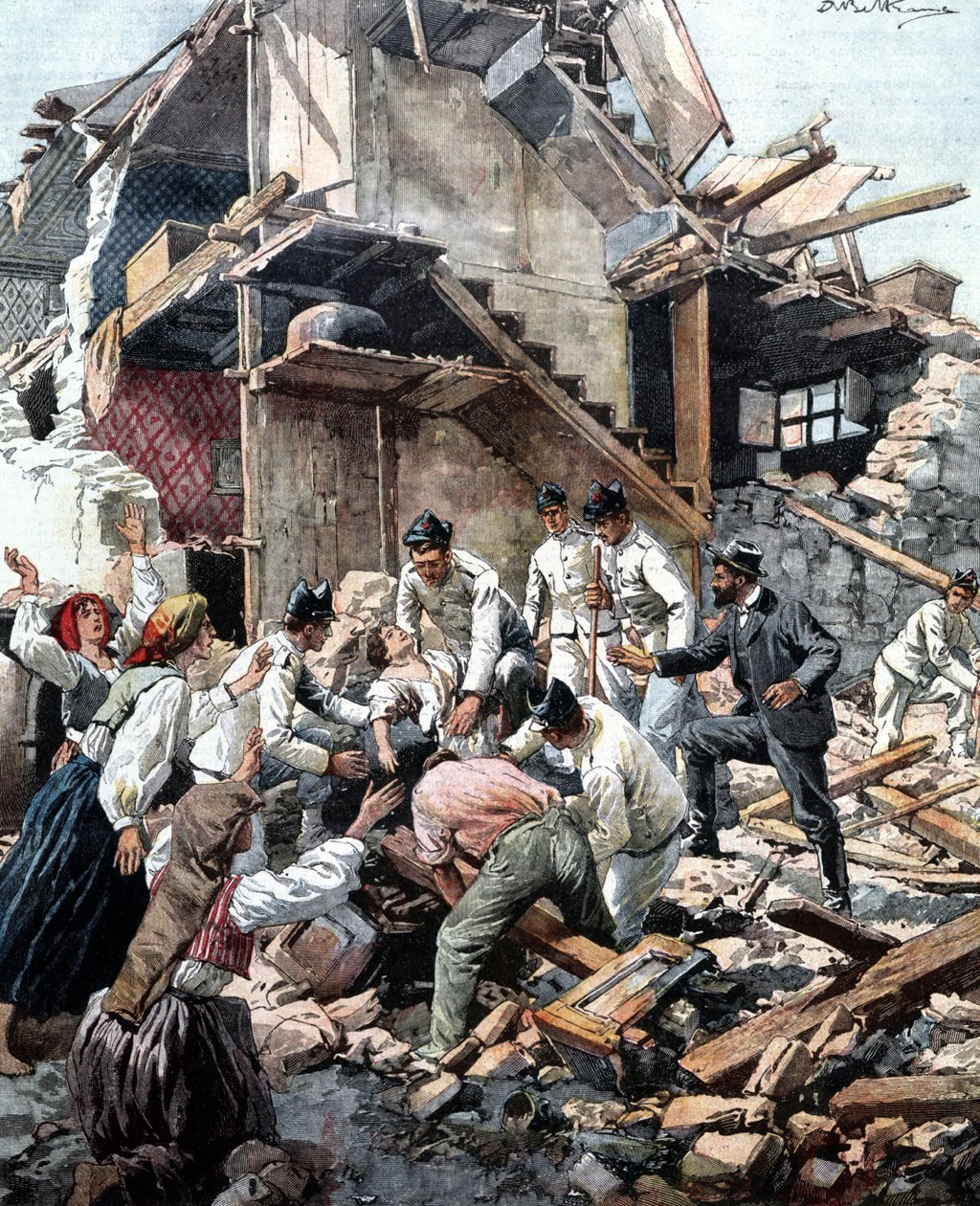 Tremblement de terre à Reggio (Calabre) le 28/12/1908. Les soldats recherchent les victimes du tremblement de terre dans les décombres. Illustration de Beltrame. - Achille Beltrame