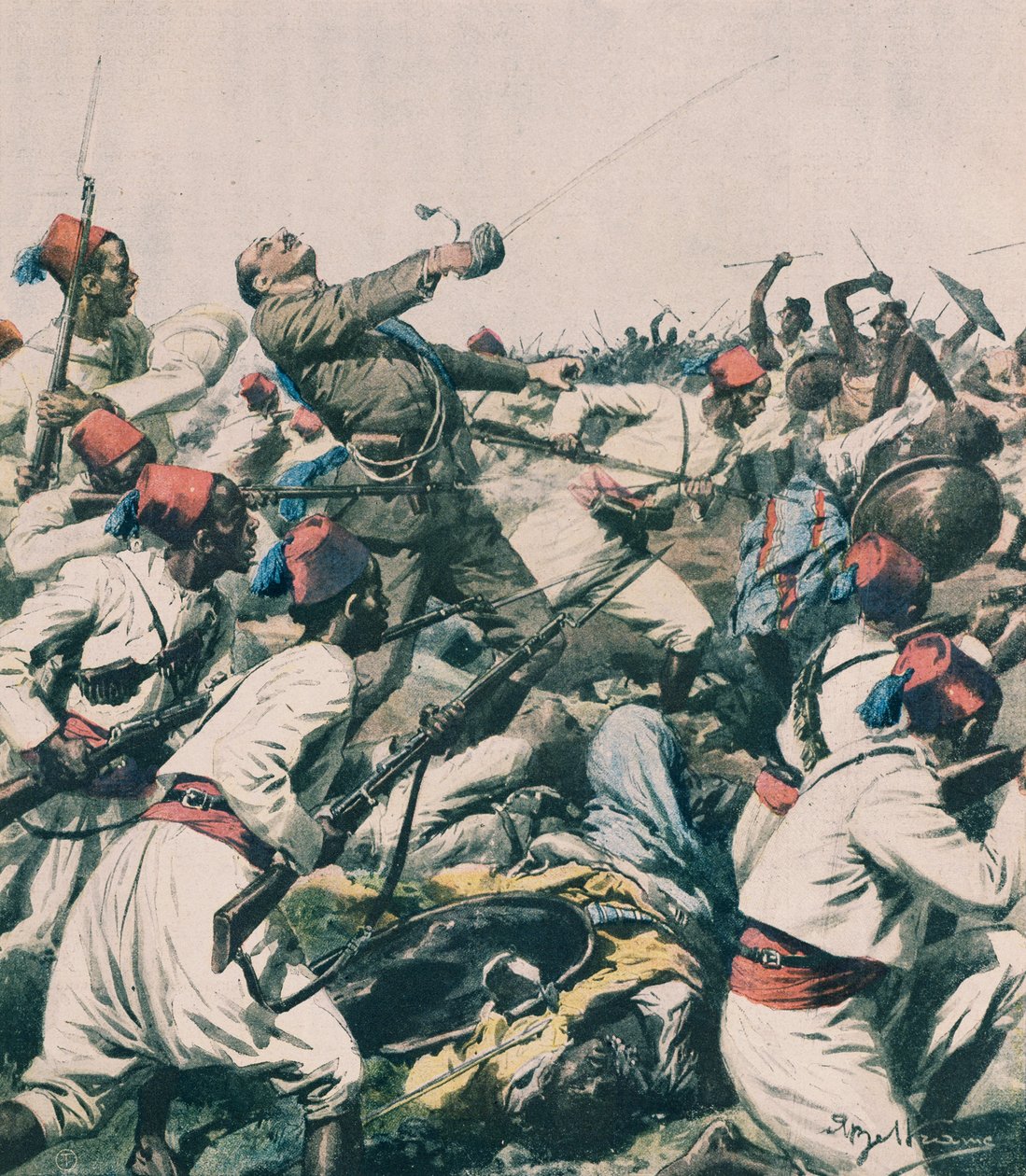 Attaque éthiopienne sur la garnison de Lugh et meurtre du capitaine Bongiovanni, illustration de Achille Beltrame, de La Domenica del Corriere - Achille Beltrame