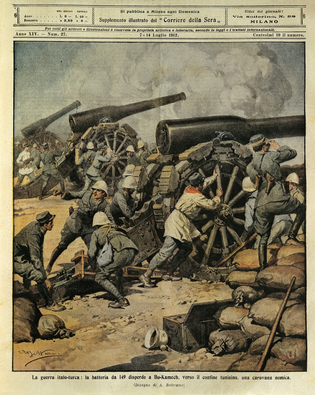 Guerre italo-turque, tir de batterie du canon n°149 repoussant une caravane ennemie à Bu-Kamek vers la frontière tunisienne, illustrateur Achille Beltrame, de La Domenica del Corriere, 7 juillet 1912 - Achille Beltrame