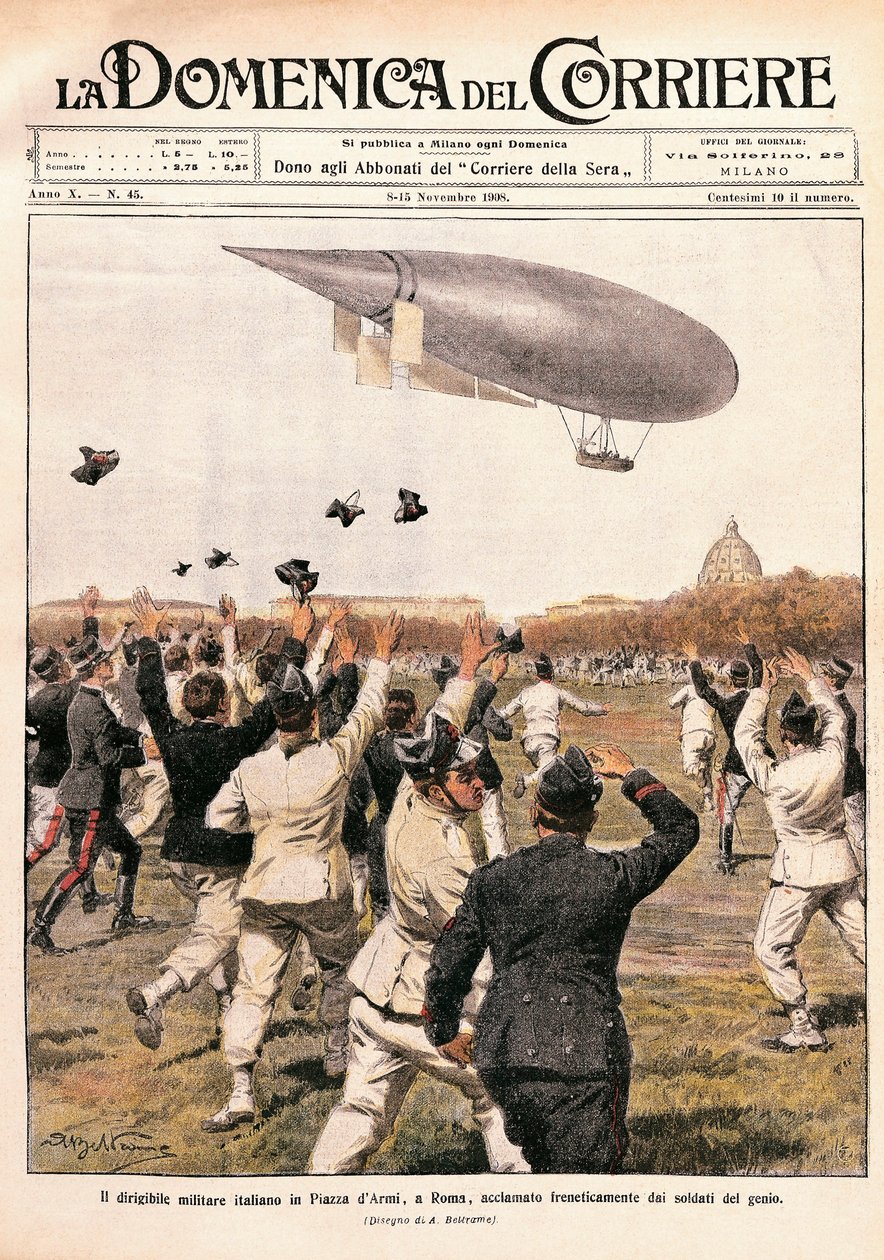 Vol du dirigeable piloté par Crocco et Ricaldoni à Rome, le 31 octobre - Achille Beltrame