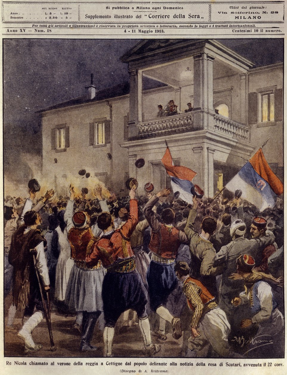 Le roi Nicolas Ier du Monténégro devant une foule à Cettigne après la reddition de la ville de Shkoder, 4 mai - Achille Beltrame